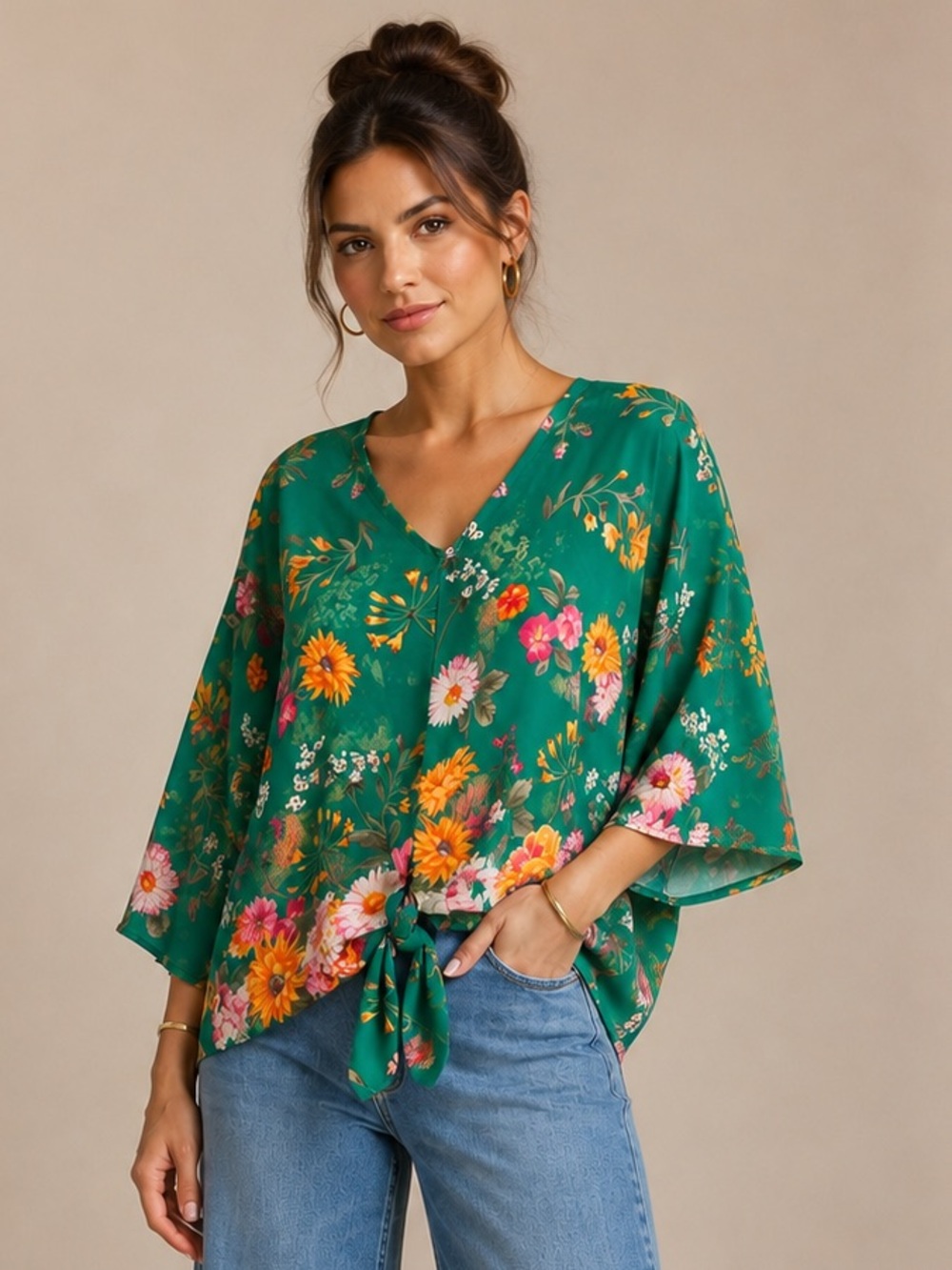 Green Floral Tie-Front V-Neck Blouse